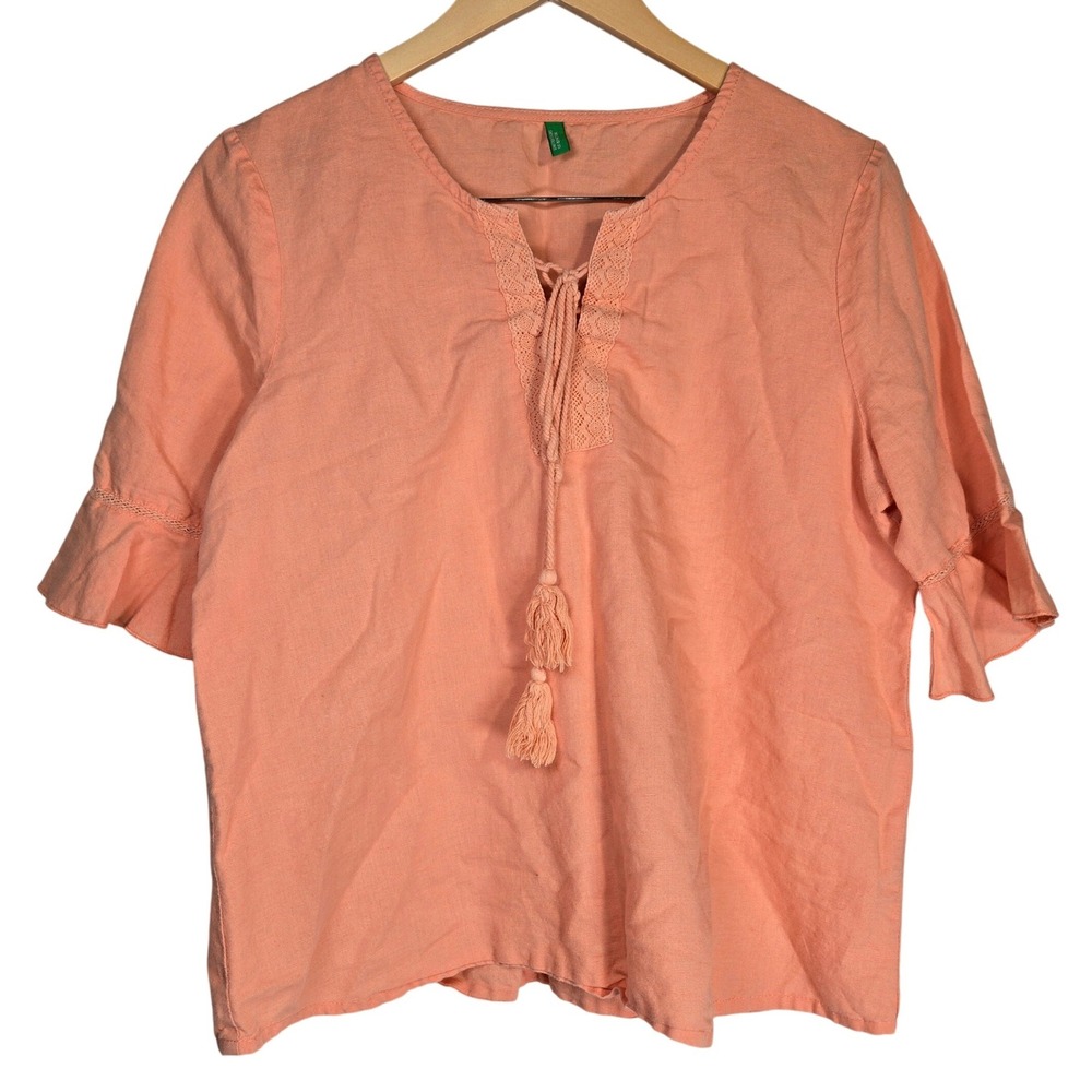 United Colors of Benetton Peach Linen Blend Tassel Boho Blouse Large‎